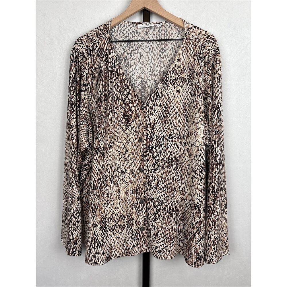 Susan Graver Liquid Knit Button Front Top Women’s 3X Brown Snake Print Stretch